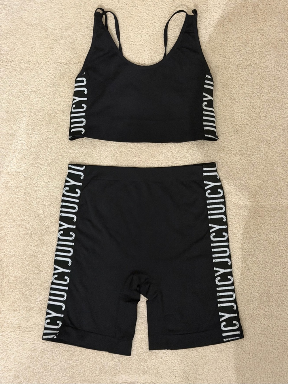 Juicy Couture Black Sports Bra & Bike Shorts Set with White Side Logo - Picture 2 of 2